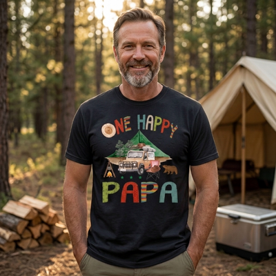 White unisex t-shirt printed with retro camping scene, tent, bear and One Happy Papa text in vintage patchwork lettering