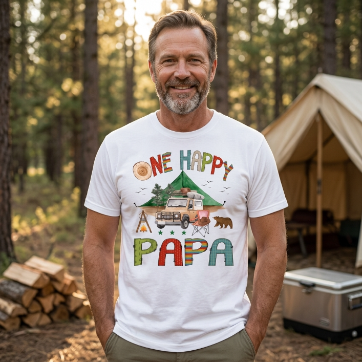 White unisex t-shirt printed with retro camping scene, tent, bear and One Happy Papa text in vintage patchwork lettering