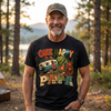 Black unisex happy camping papa shirt featuring retro campfire, camper van, tent, bear and One Happy Papa vintage lettering design