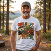 white unisex happy camping papa shirt featuring retro campfire, camper van, tent, bear and One Happy Papa vintage lettering design