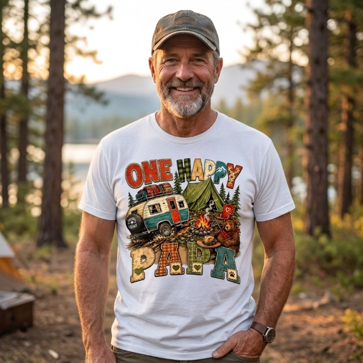 white unisex happy camping papa shirt featuring retro campfire, camper van, tent, bear and One Happy Papa vintage lettering design