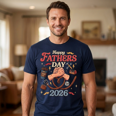 navy unisex t-shirt with retro Happy Fathers Day 2026 design featuring a handshake heart, tools, coffee cup and Dad Number One belt graphic