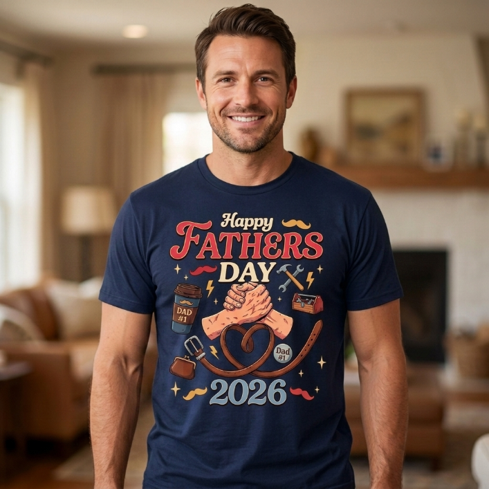 navy unisex t-shirt with retro Happy Fathers Day 2026 design featuring a handshake heart, tools, coffee cup and Dad Number One belt graphic
