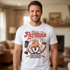 white unisex t-shirt with retro Happy Fathers Day 2026 design featuring a handshake heart, tools, coffee cup and Dad Number One belt graphic