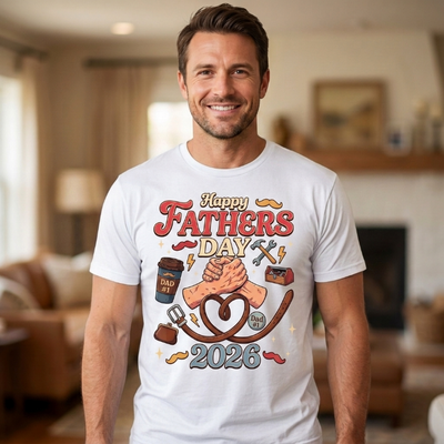 navy unisex t-shirt with retro Happy Fathers Day 2026 design featuring a handshake heart, tools, coffee cup and Dad Number One belt graphic