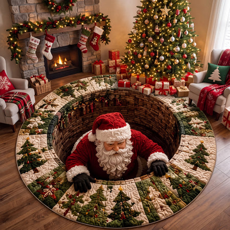 Christmas Round Rug Santa 3D Illusion, Festive Holiday Floor Decor