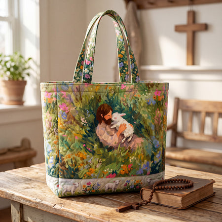 Christian Quilted Tote Bag, Jesus with Lamb Floral Bible Bag