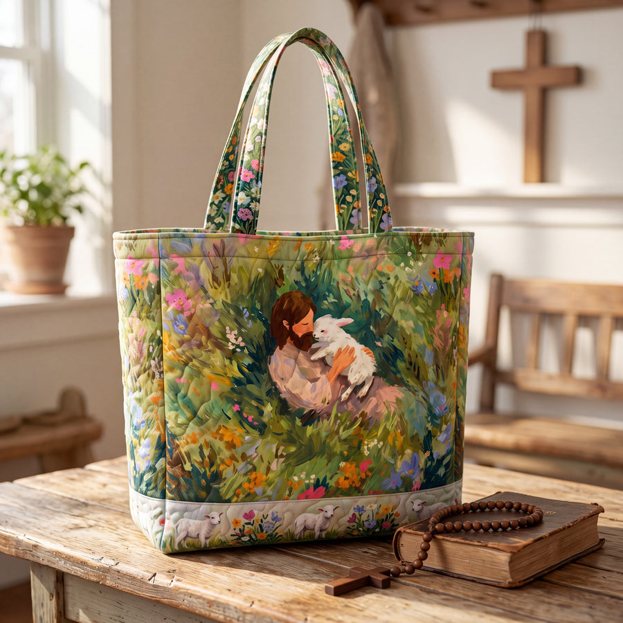 Christian Quilted Tote Bag, Jesus with Lamb Floral Bible Bag
