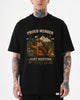 Black Just resting my eyes club shirt featuring a bigfoot dad relaxing in an armchair by a campfire under mountain and night sky scenery