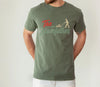 milytary green unisex lawnfather shirt with retro graphic of a man pushing a lawn mower and bold The Lawnfather text
