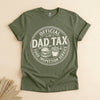 milytary green unisex t-shirt with vintage badge graphic reading Official Dad Tax Food Inspection Service with burger and fries illustration