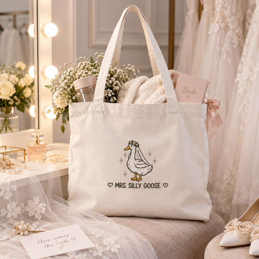 Embroidered Mrs Silly Goose Bride With Flower Crown Tote Bag