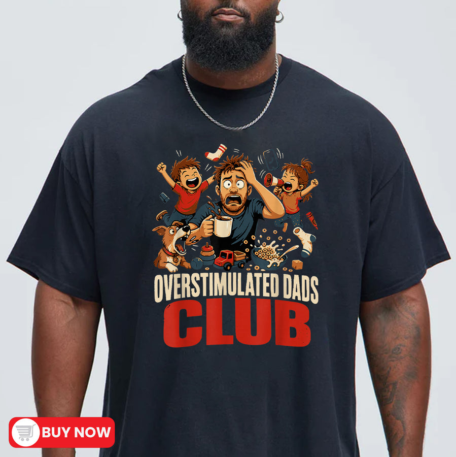 navyunisex overstimulated dad shirt with cartoon of stressed father holding coffee surrounded by wild kids and a dog, Overstimulated Dads Club graphic