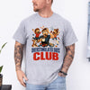 sportgreyunisex overstimulated dad shirt with cartoon of stressed father holding coffee surrounded by wild kids and a dog, Overstimulated Dads Club graphic