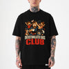 Black unisex overstimulated dad shirt with cartoon of stressed father holding coffee surrounded by wild kids and a dog, Overstimulated Dads Club graphic