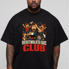 Black unisex overstimulated dad shirt with cartoon of stressed father holding coffee surrounded by wild kids and a dog, Overstimulated Dads Club graphic