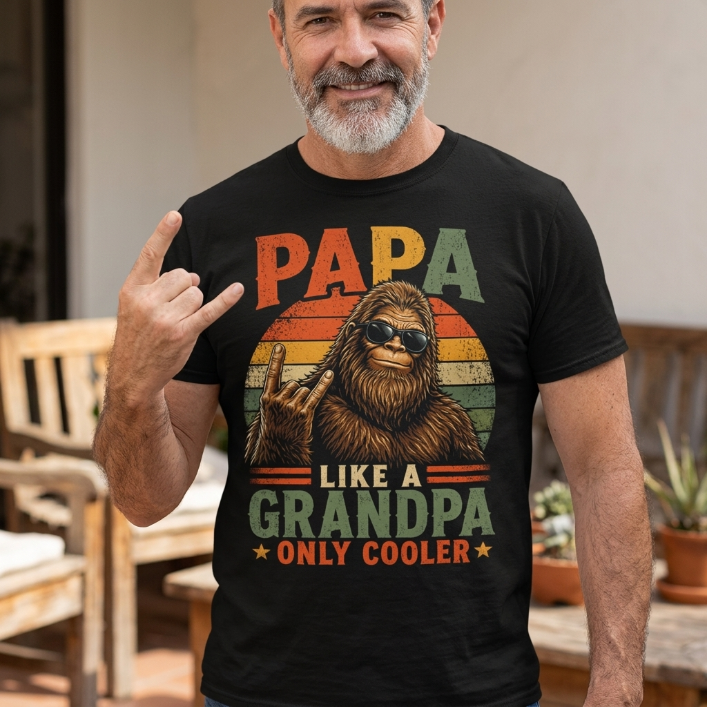 Black unisex tee with retro sunset Bigfoot wearing sunglasses and text Papa Like a Grandpa Only Cooler Father's Day shirt