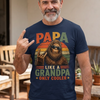 navy unisex tee with retro sunset Bigfoot wearing sunglasses and text Papa Like a Grandpa Only Cooler Father's Day shirt