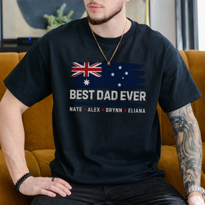 Black unisex tee with distressed Australia flag and personalized best dad ever shirt with kids names printed in white