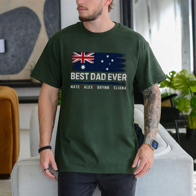 Black unisex tee with distressed Australia flag and personalized best dad ever shirt with kids names printed in white