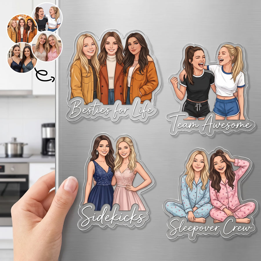 Personalized best friend acrylic magnet featuring a custom semi-realistic photo portrait with friendship quote and custom name