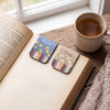 Personalized birth flower bookmark in vintage floral design showing stacked books and custom name printed on faux leather cover