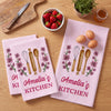 Personalized birth flower kitchen towel with custom name, vintage stripe pattern, baking utensils and floral illustration in pink, yellow and blue