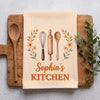 Personalized birth flower kitchen towel with custom name, vintage stripe pattern, baking utensils and floral illustration in pink, yellow and blue