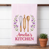 Personalized birth flower kitchen towel with custom name, vintage stripe pattern, baking utensils and floral illustration in pink, yellow and blue