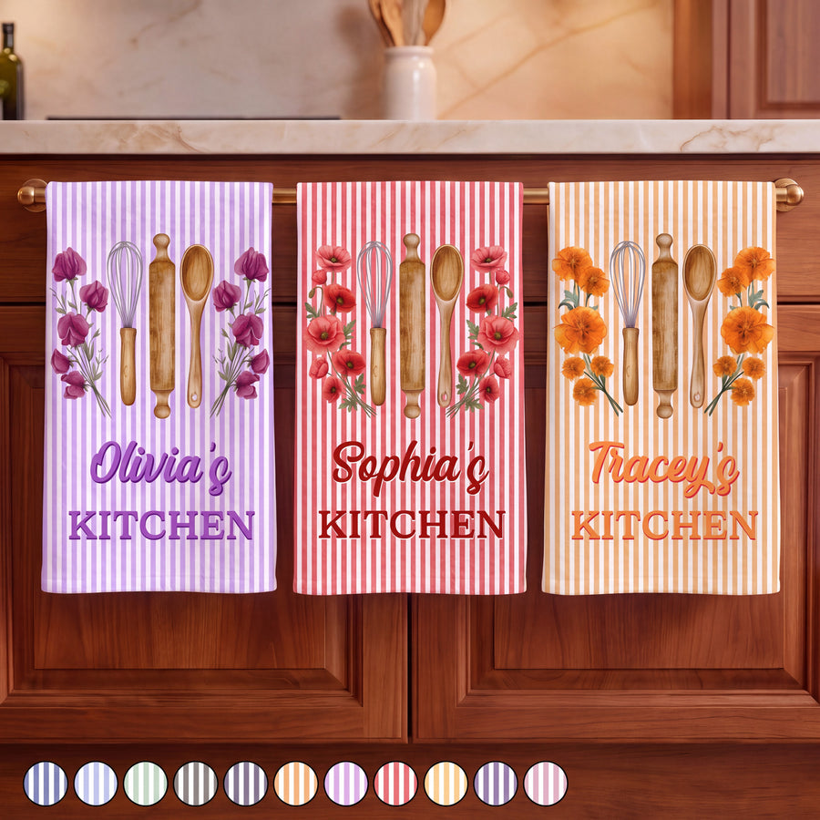 Personalized Birth Flower Kitchen Towel, Custom Name, Vintage Floral