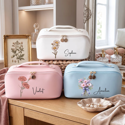 Personalized Birth Flower Makeup Bag with Custom Name, Gift for Her