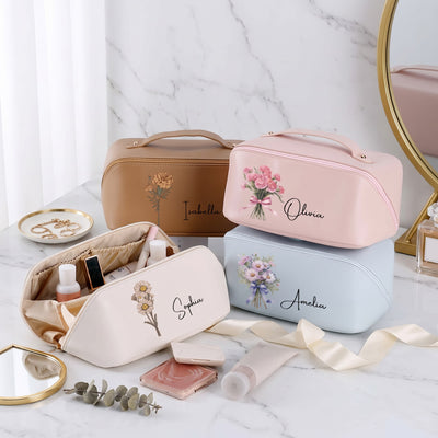 Personalized Birth Flower Makeup Bag with Custom Name, Gift for Her