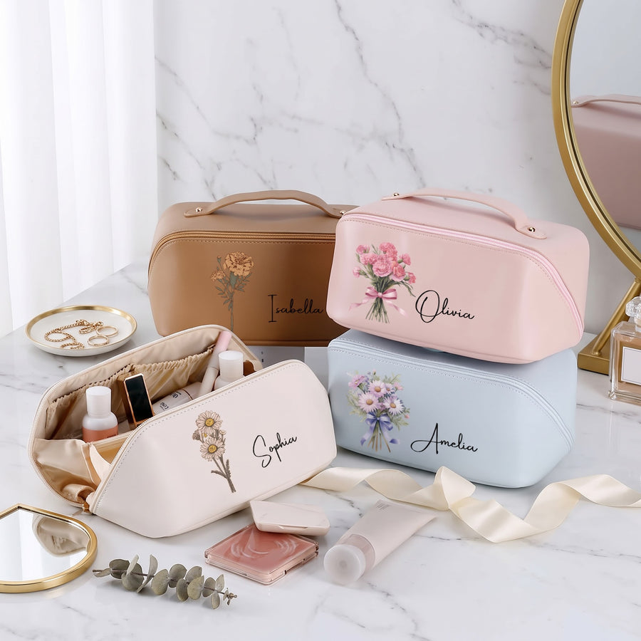 Personalized Birth Flower Makeup Bag with Custom Name, Gift for Her