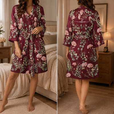 Personalized bridesmaid robe in burgundy with pink carnation floral print and custom name on the back