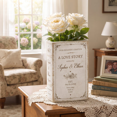 Custom Name Book Vase, Personalized Wedding Gift, Vintage Love Story Decor