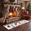 Personalized christmas family runner rug with named stockings, holly garland, snowflakes and The Smith Family text on white background