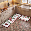Personalized christmas family runner rug with named stockings, holly garland, snowflakes and The Smith Family text on white background