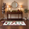 Personalized christmas family runner rug with named stockings, holly garland, snowflakes and The Smith Family text on white background