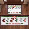 Personalized christmas family runner rug with named stockings, holly garland, snowflakes and The Smith Family text on white background