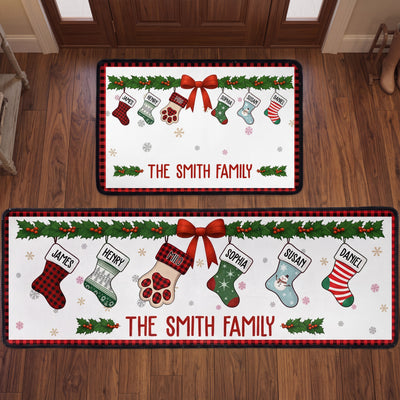 Personalized christmas family runner rug with named stockings, holly garland, snowflakes and The Smith Family text on white background