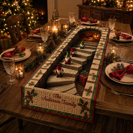 Personalized Christmas Gnome Quilted Table Runner, Custom Name Holiday Dining Decor, Nordic Tomte 3D Staircase Design