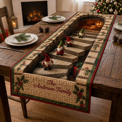 Personalized Christmas Gnome Quilted Table Runner, Custom Name Holiday Dining Decor, Nordic Tomte 3D Staircase Design