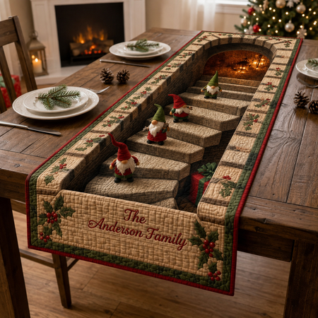 Personalized Christmas Gnome Quilted Table Runner, Custom Name Holiday Dining Decor, Nordic Tomte 3D Staircase Design