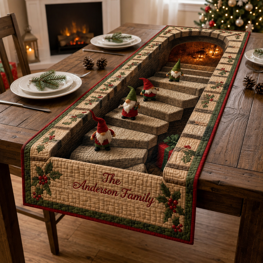 Personalized Christmas Gnome Quilted Table Runner, Custom Name Holiday Dining Decor, Nordic Tomte 3D Staircase Design