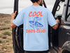 Blue unisex t-shirt front and back with personalized cool dads club surf alligator graphic in blue and coral, est. 2026 text