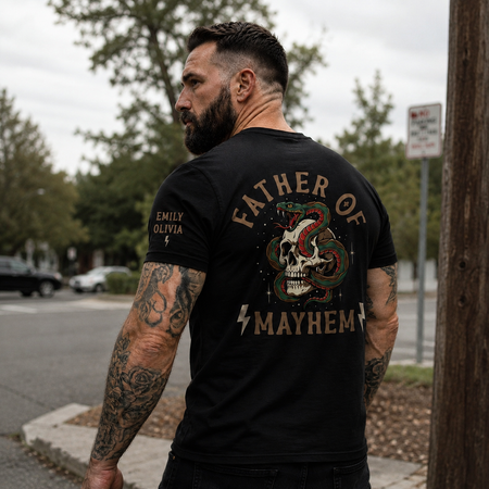 Personalized Father of Mayhem Shirt, Custom Kids Names Sleeve Tee, Cool Edgy Dad Gift