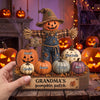 Personalized grandma pumpkin patch halloween wooden plaque with scarecrow and custom grandkids names on colorful pumpkins
