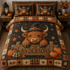 Personalized Highland Cow Quilt Bedding Set, Custom Name, Autumn Farmhouse Style