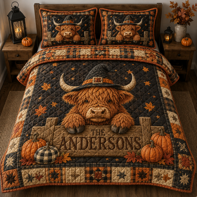 Personalized Highland Cow Quilt Bedding Set, Custom Name, Autumn Farmhouse Style