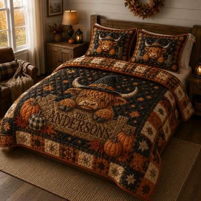 Personalized Highland Cow Quilt Bedding Set, Custom Name, Autumn Farmhouse Style
